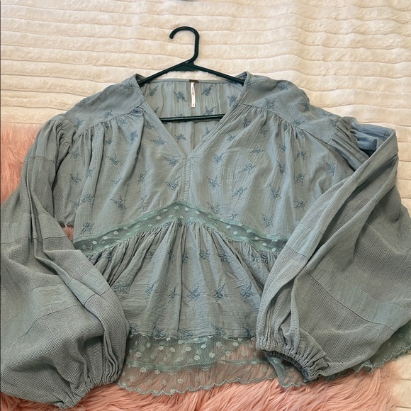 Free People Tops - 2/$75 Free People Dusty Blue Embroidered Peasant Blouse